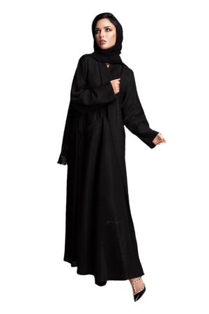 BLACK DESIGNED SOALON SATIN OPEN CLOCHE ABAYA.