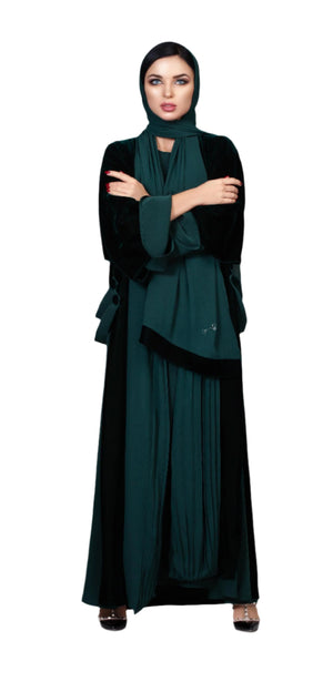 EDEN GREEN-BLACK CREPE VELVET BISHT ABAYA.