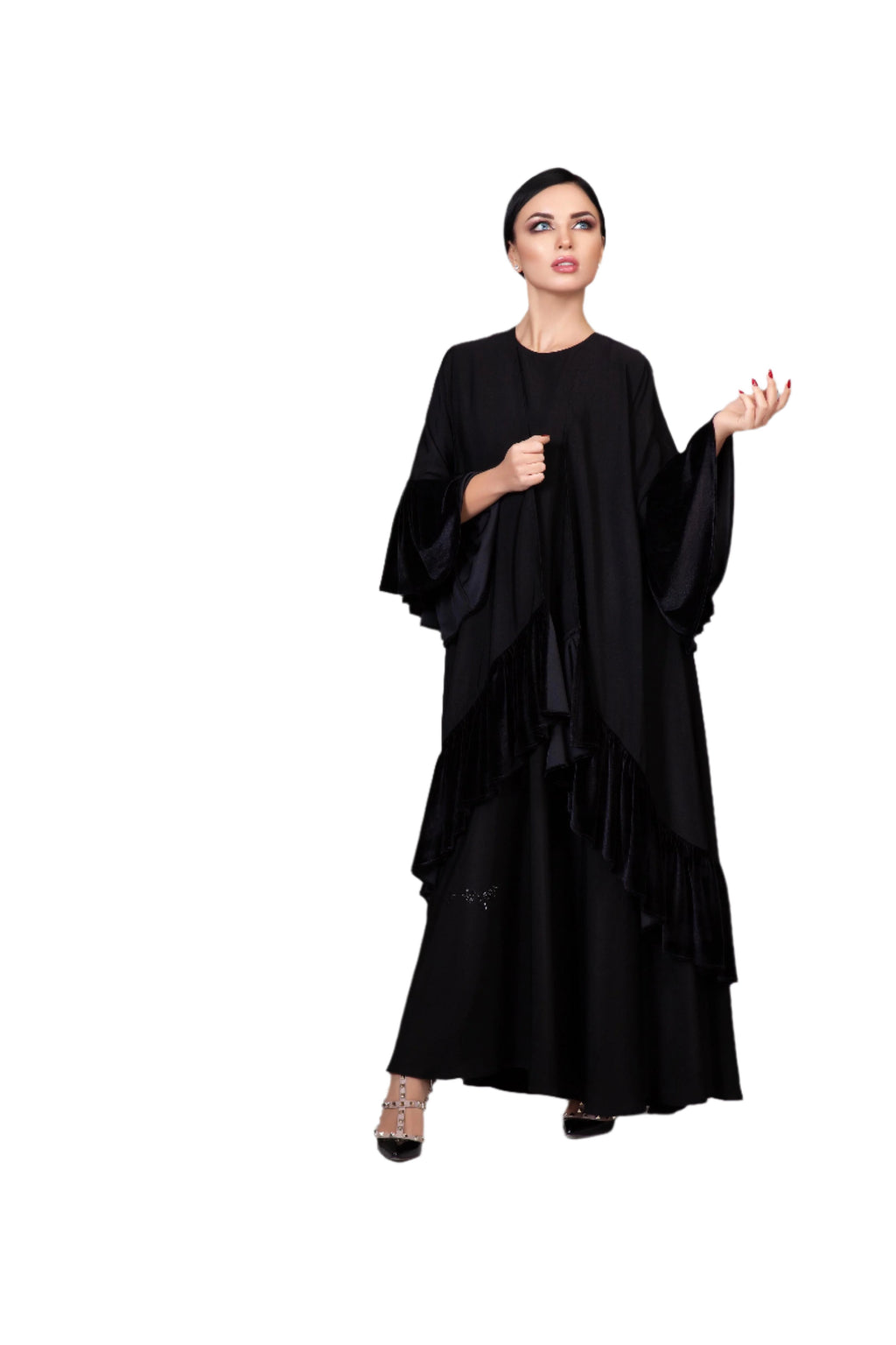 BLACK RUFFLED VELVET - SOALON ABAYA.