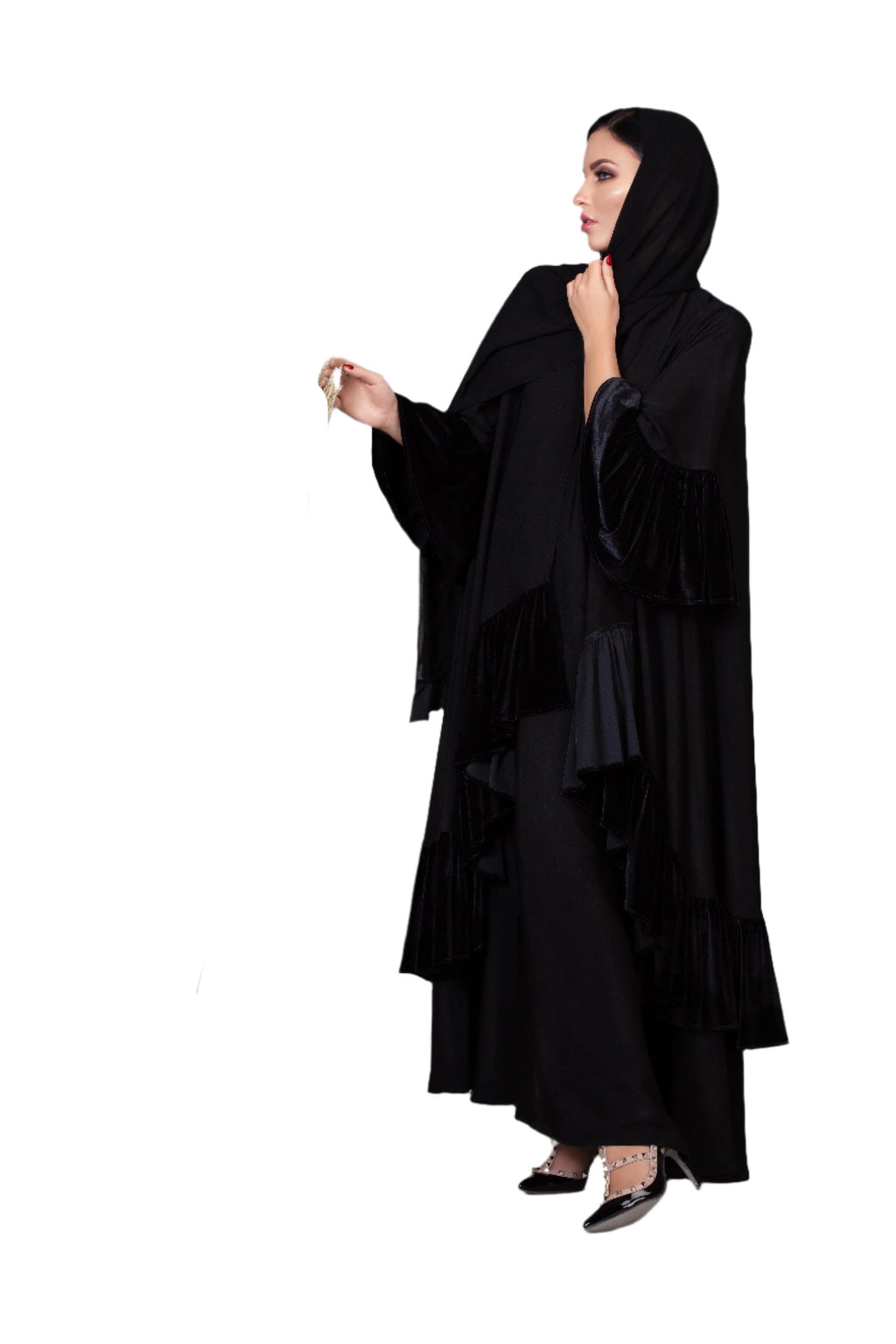 BLACK RUFFLED VELVET - SOALON ABAYA.