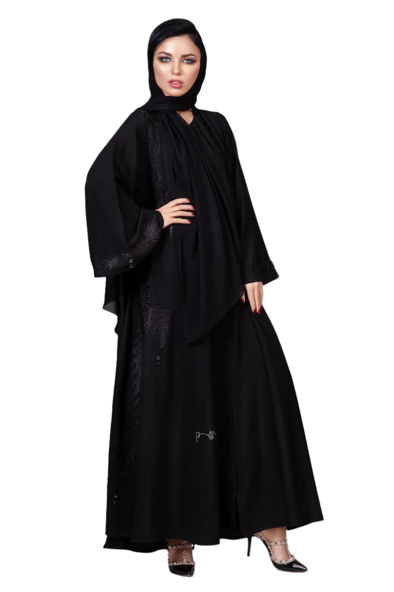 BLACK  ECCENTRIC EMBROIDERED SOALON TRIPLE CLOCHE ABAYA.