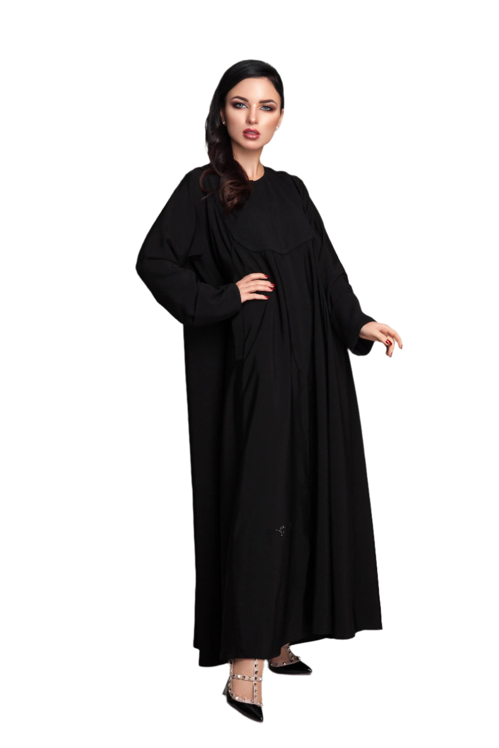 BLACK PLAIN FRONT PANELLED SOALON ABAYA.