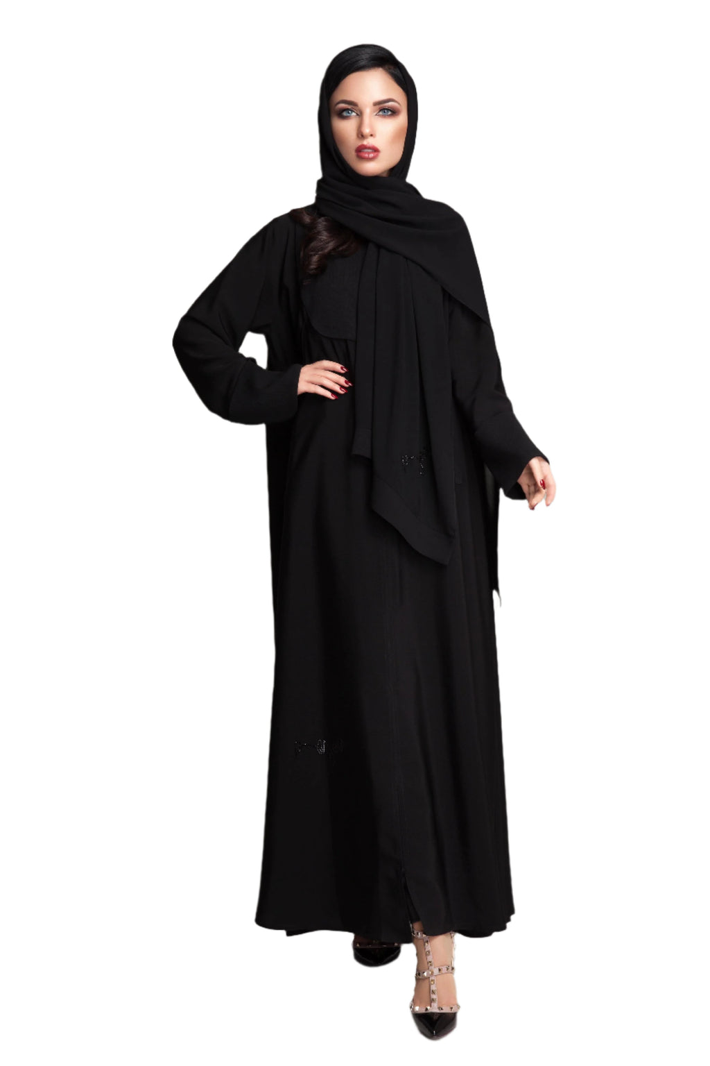 BLACK PLAIN FRONT PANELLED SOALON ABAYA.