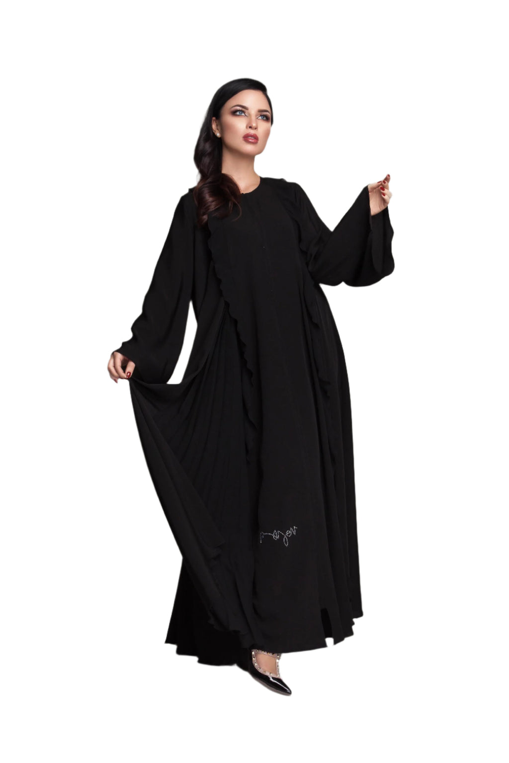 BLACK PLAIN RUFFLE PLEATED SOALON ABAYA.