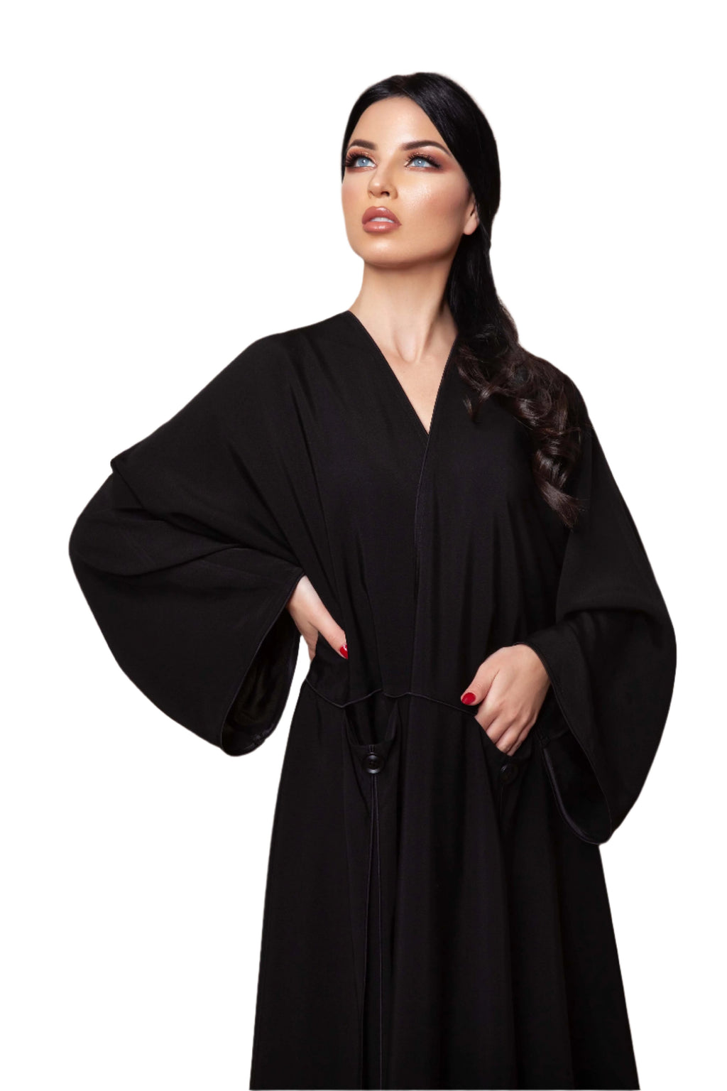 BLACK DEEP POCKET SATIN OPEN ABAYA