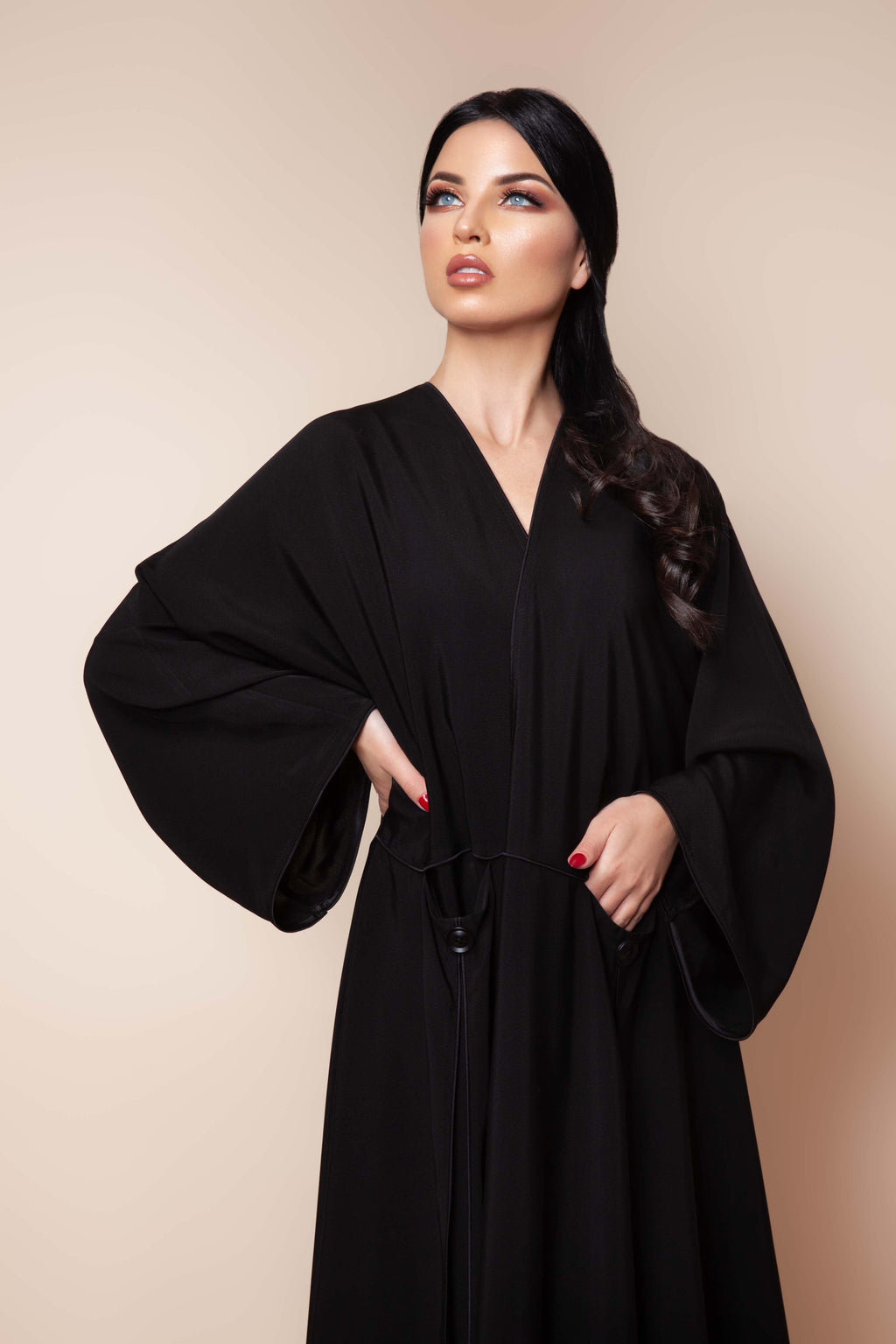 BLACK DEEP POCKET SATIN OPEN ABAYA.