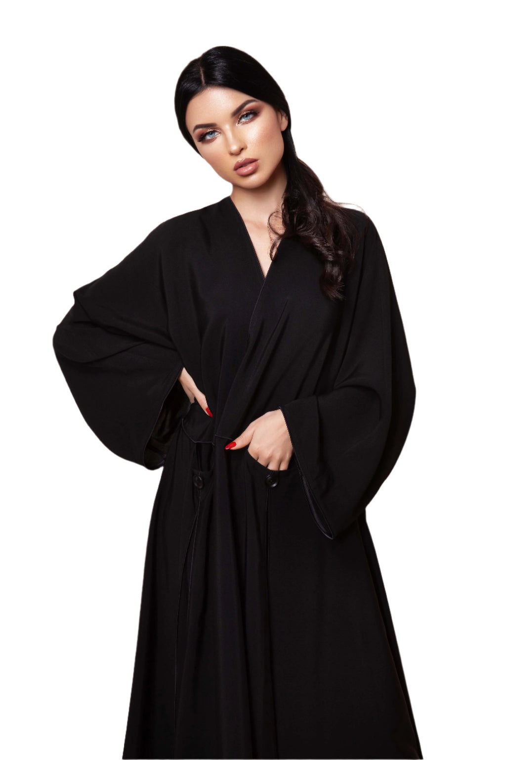 BLACK DEEP POCKET SATIN OPEN ABAYA