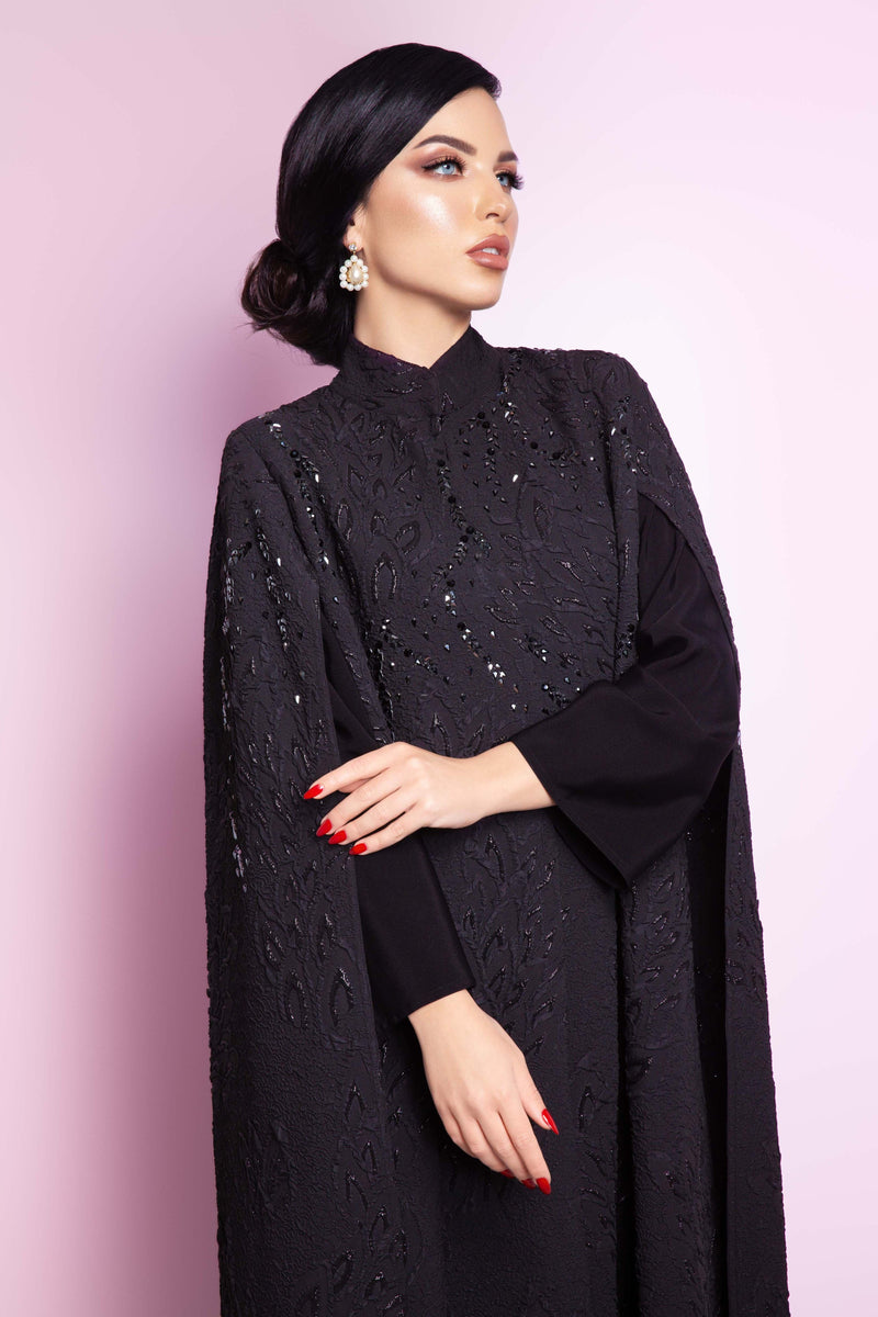 BLACK SWAROVSKI CRYSTAL JACQUARD CAPE ABAYA.