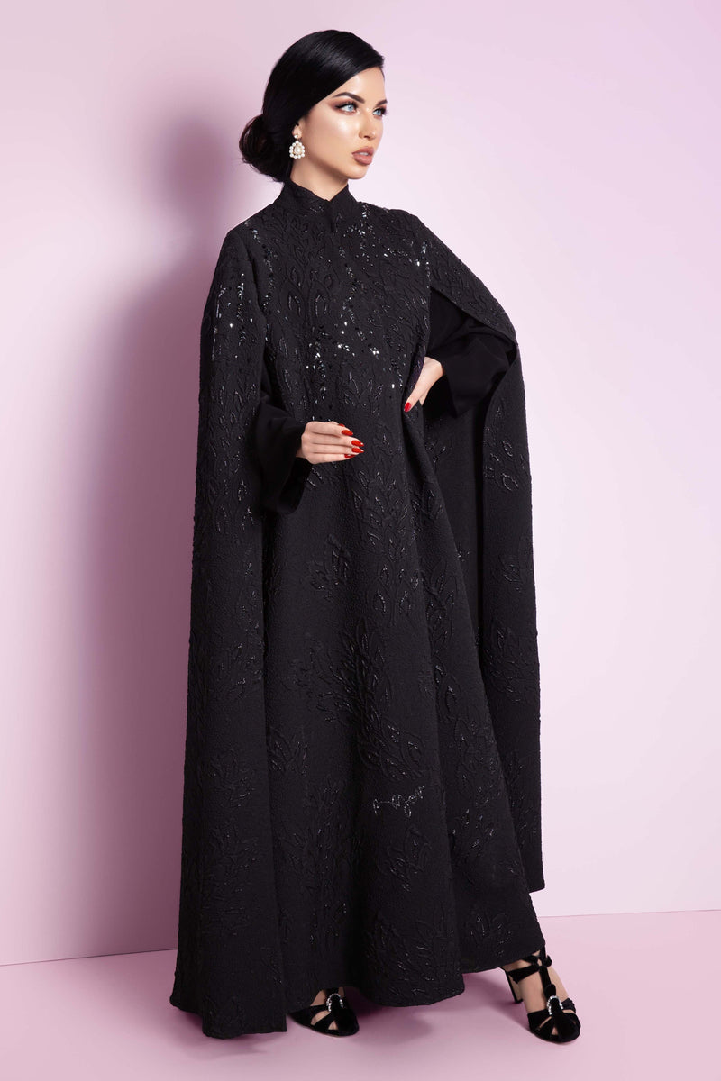 BLACK SWAROVSKI CRYSTAL JACQUARD CAPE ABAYA.