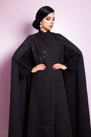 BLACK SWAROVSKI CRYSTAL JACQUARD CAPE ABAYA.