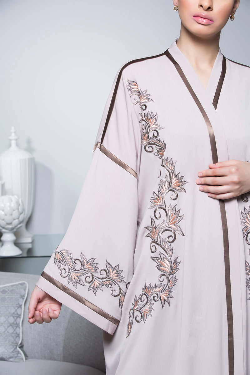 PEACH FLORAL EMBROIDERED SATIN-CREPE OPEN ABAYA.