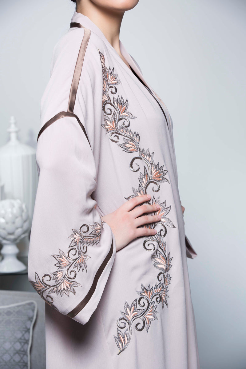 PEACH FLORAL EMBROIDERED SATIN-CREPE OPEN ABAYA.