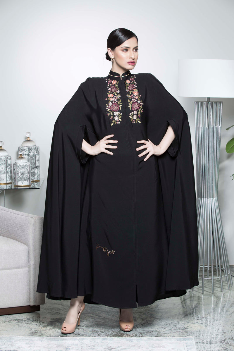 BLACK FLORAL EMBROIDERED CAPE SOALON ABAYA.