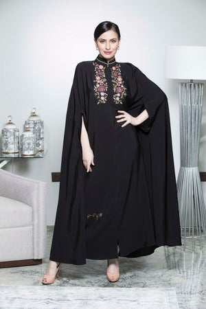 BLACK FLORAL EMBROIDERED CAPE SOALON ABAYA.