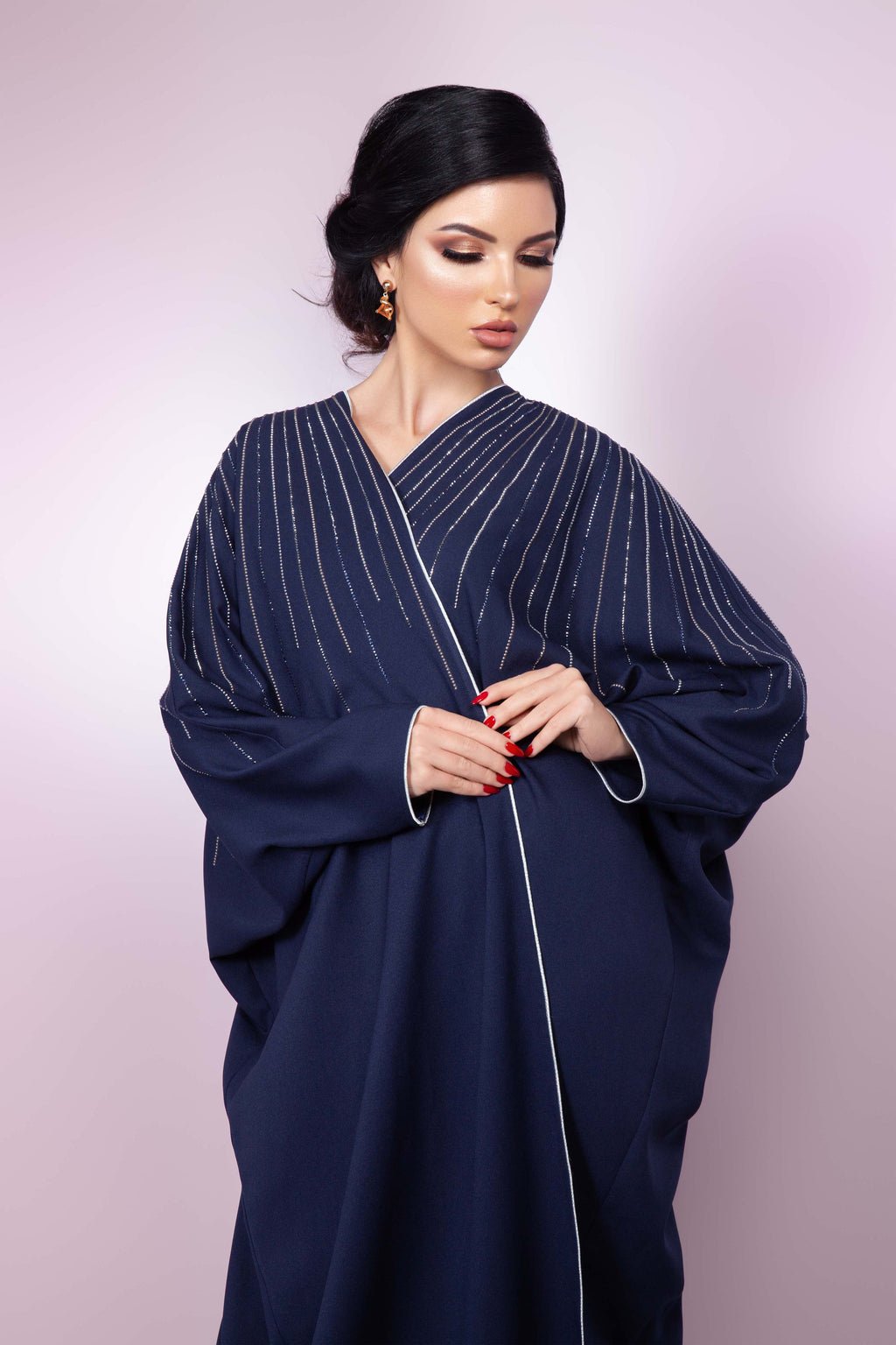 NAVY BLUE SWAROVSKI CRYSTALIZED OPEN BUTTERFLY DESIGN ABAYA.