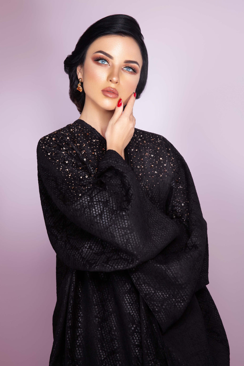 BLACK SWAROVSKI CRYSTALIZED JACQUARD OPEN ABAYA.