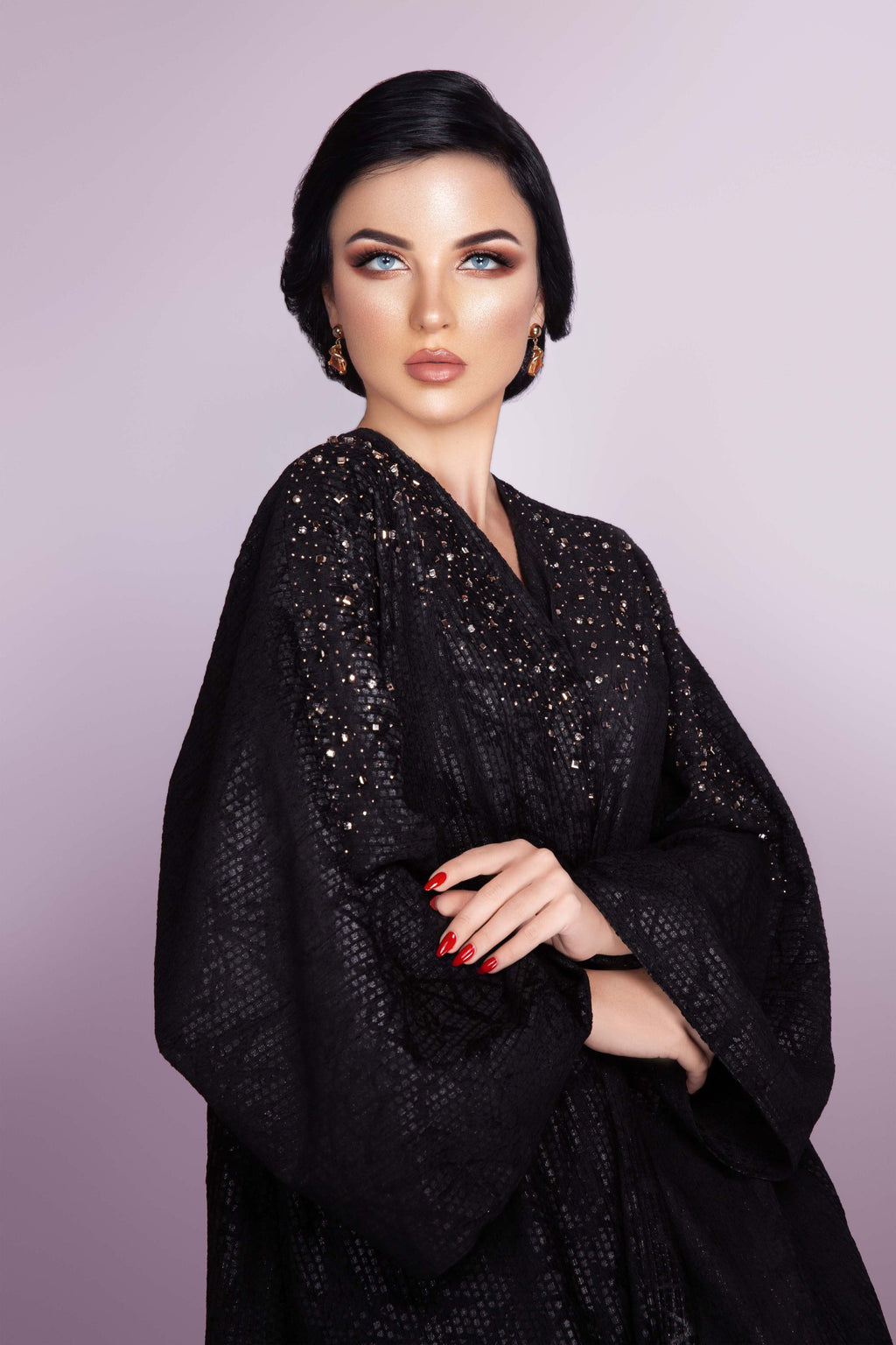 BLACK SWAROVSKI CRYSTALIZED JACQUARD OPEN ABAYA.