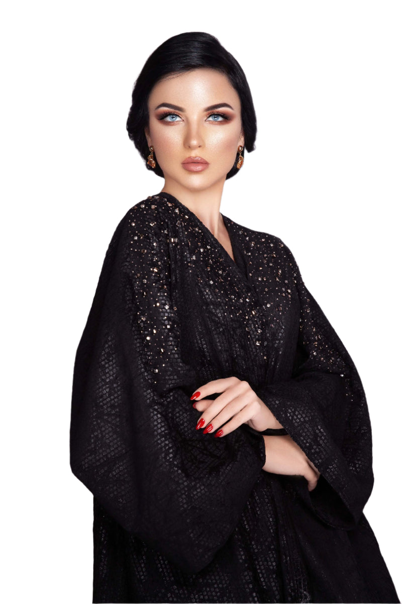 BLACK SWAROVSKI CRYSTALIZED JACQUARD OPEN ABAYA