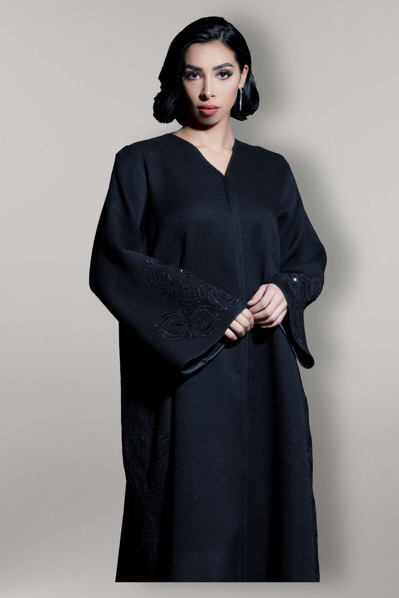 BLACK NET LACE EMBROIDERED OPEN ABAYA.