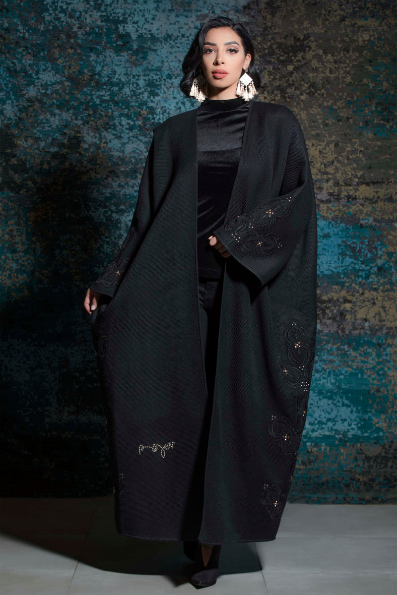 BLACK NETTED EMBROIDERED LACE CRYSTALIZED OPEN ABAYA.