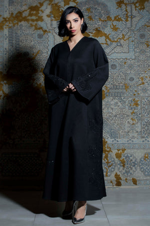 BLACK NETTED EMBROIDERED LACE CRYSTALIZED OPEN ABAYA.