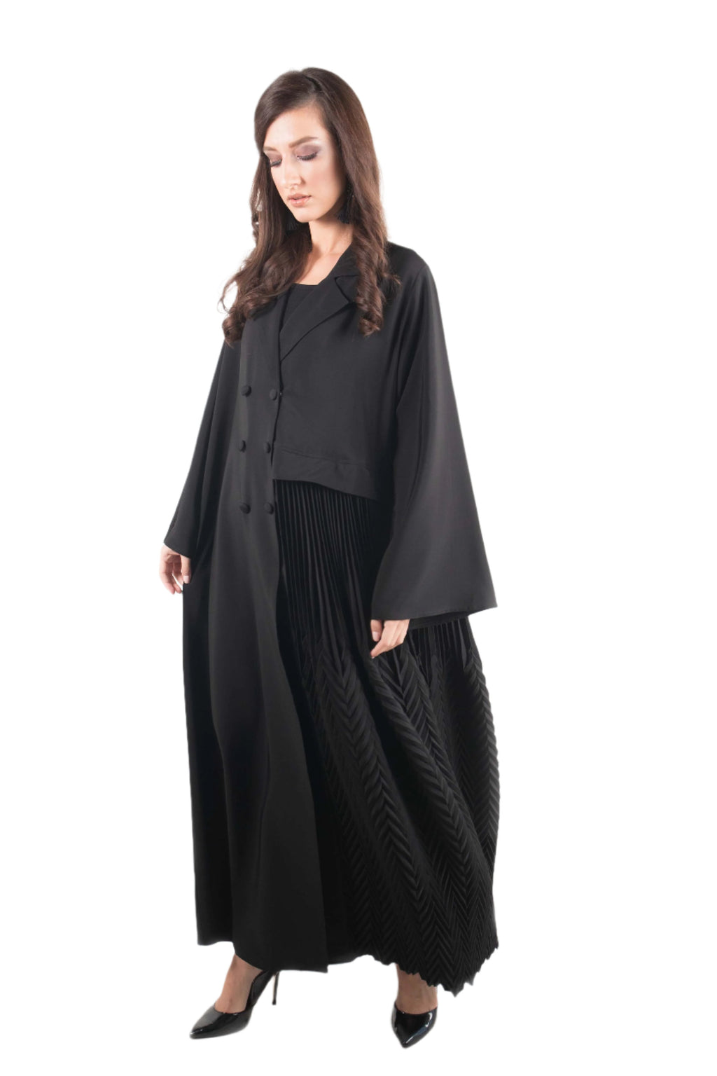 BLACK FANCY PLEATED SOALON ABAYA.