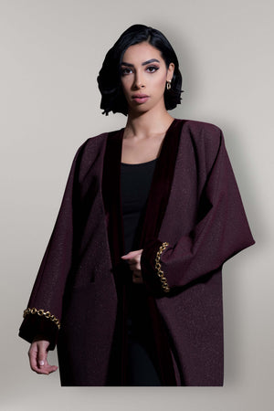 MARSALA MAROON JACQUARD VELVET OPEN ABAYA.