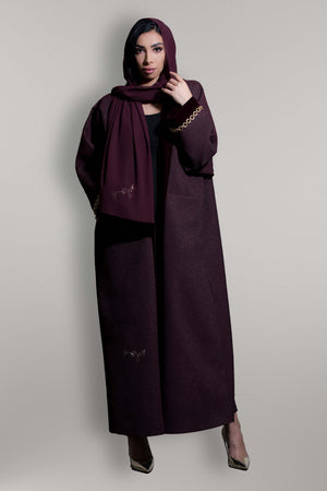 MARSALA MAROON JACQUARD VELVET OPEN ABAYA.