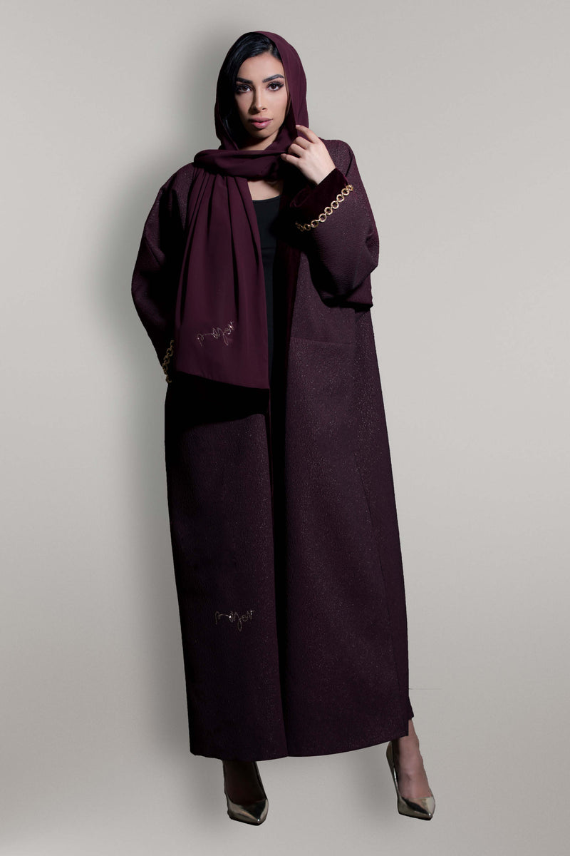 MARSALA MAROON JACQUARD VELVET OPEN ABAYA.