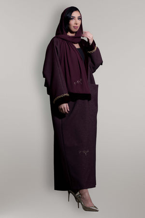 MARSALA MAROON JACQUARD VELVET OPEN ABAYA.