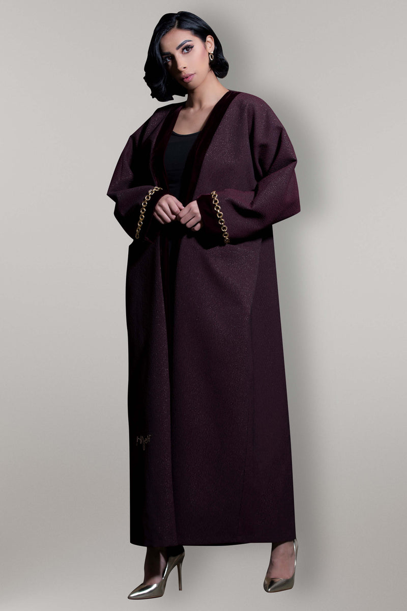 MARSALA MAROON JACQUARD VELVET OPEN ABAYA.