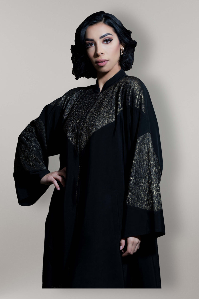 BLACK GOLDEN JACQUARD FRONT PANEL SOALON ABAYA