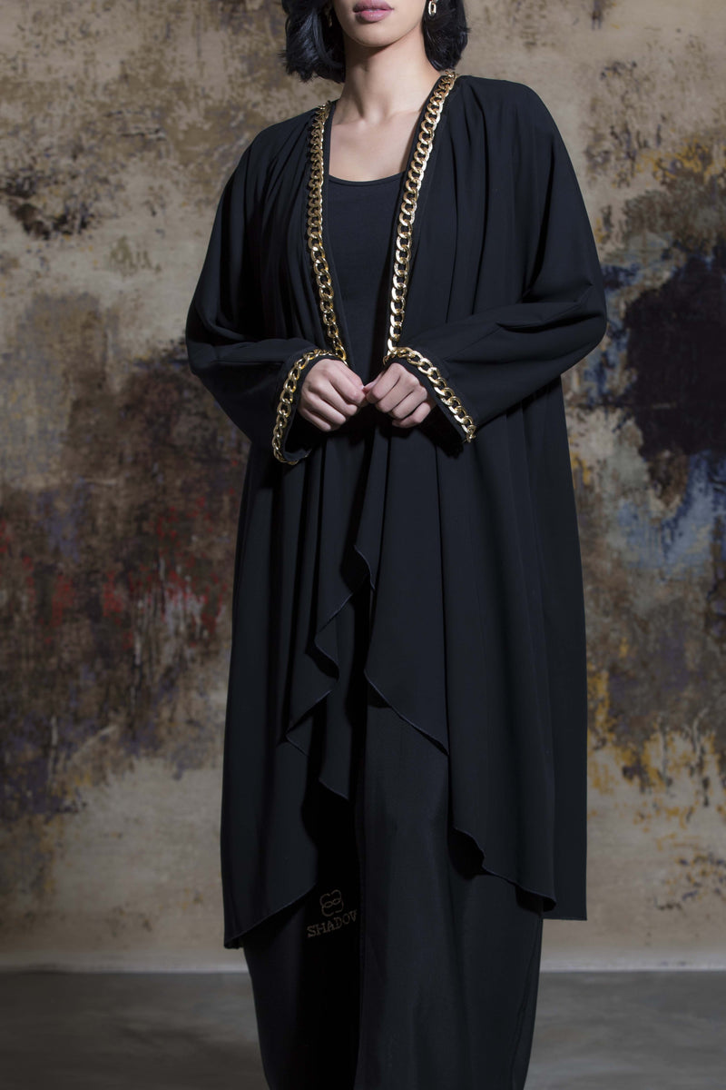 BLACK GOLDEN CHAINED SOALON OPEN ABAYA.