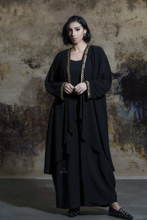 BLACK GOLDEN CHAINED SOALON OPEN ABAYA.