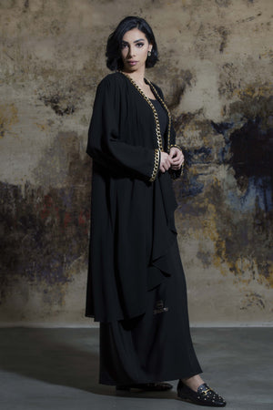 BLACK GOLDEN CHAINED SOALON OPEN ABAYA.