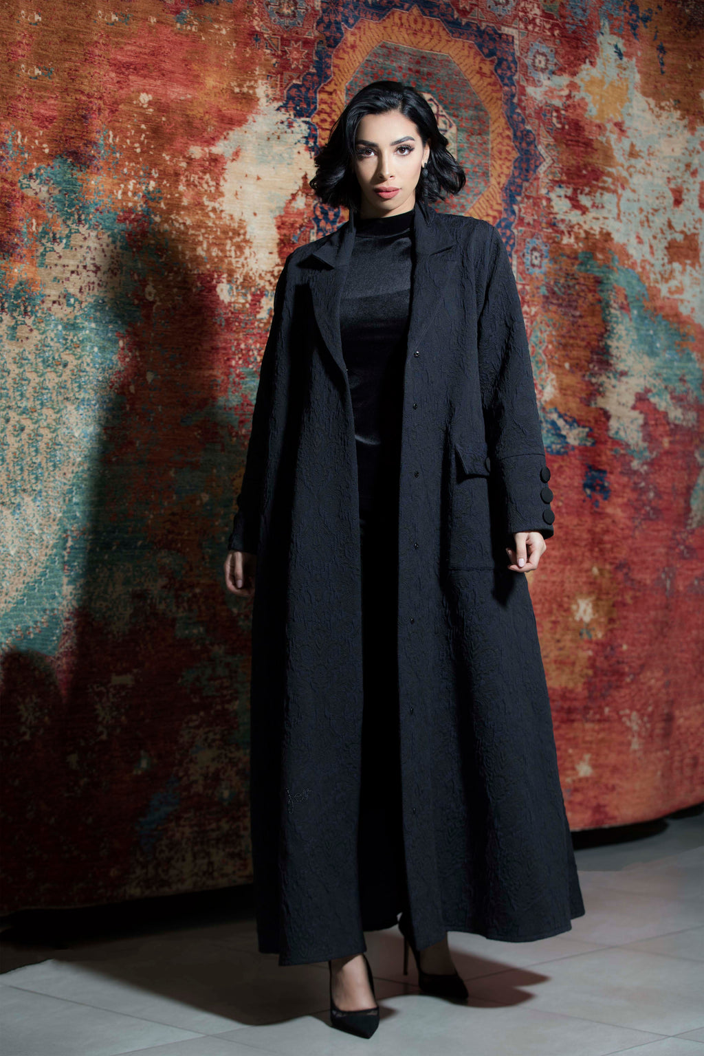 BLACK JACQUARD TRANCH COAT OPEN ABAYA.