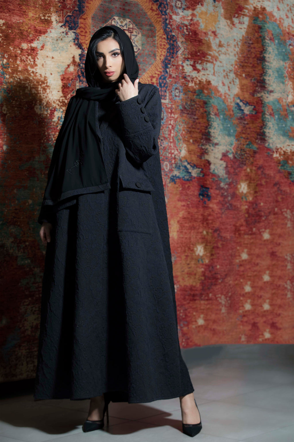 BLACK JACQUARD TRANCH COAT OPEN ABAYA.