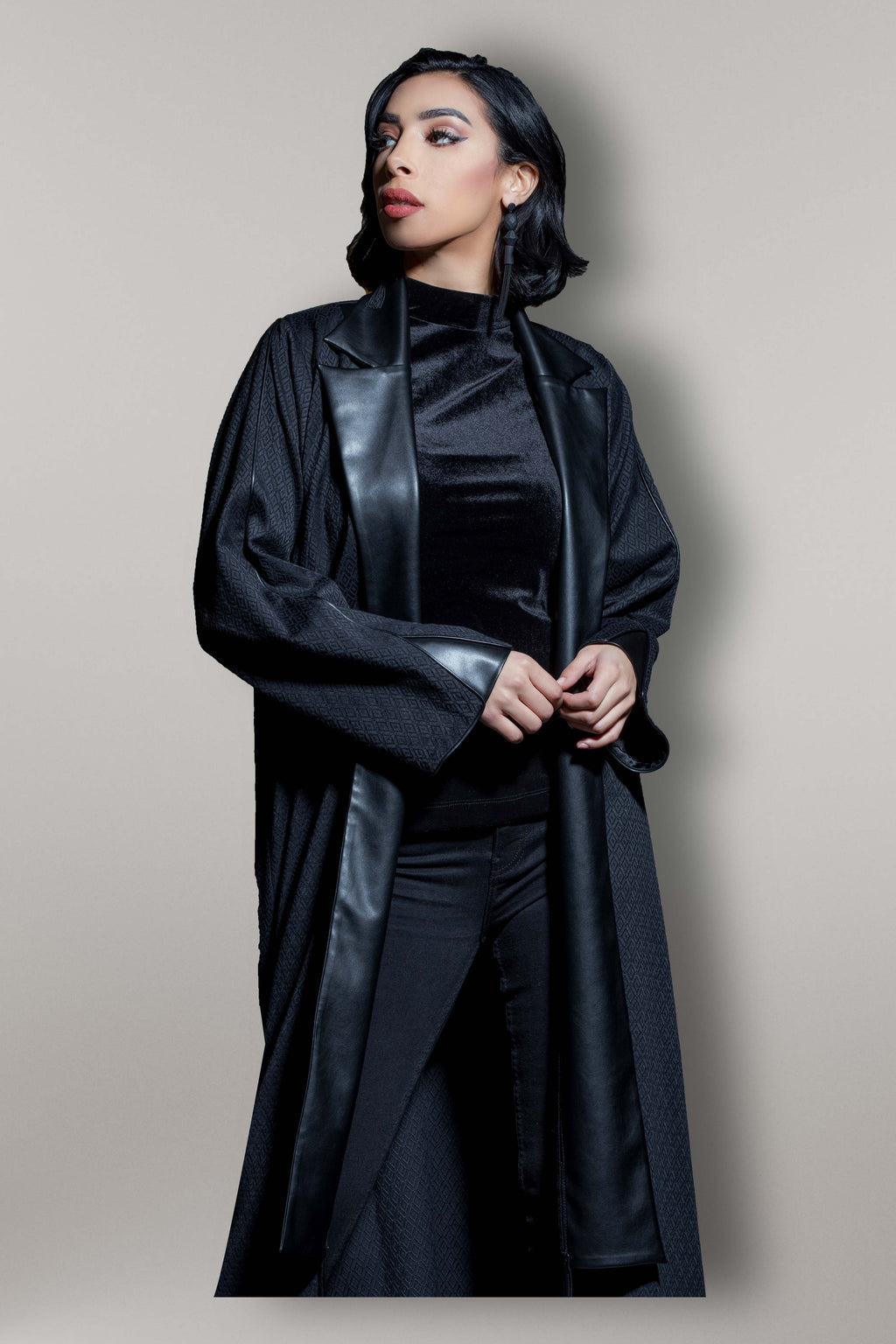 BLACK LEATHER TRENCH STYLE OPEN ABAYA.