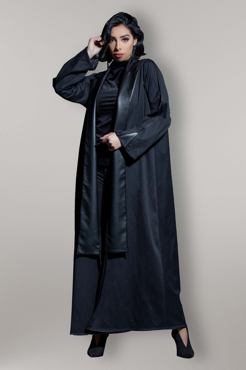 BLACK LEATHER TRENCH STYLE OPEN ABAYA.