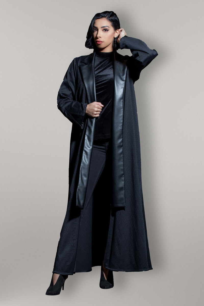 BLACK LEATHER TRENCH STYLE OPEN ABAYA.