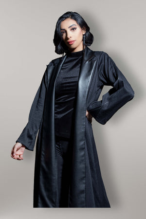 BLACK LEATHER TRENCH STYLE OPEN ABAYA.