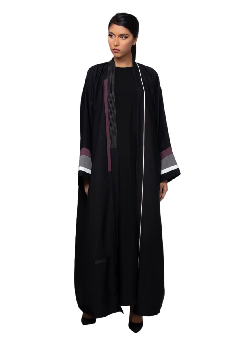 BLACK LINEN PATTERN SLEEVE OPEN ABAYA.