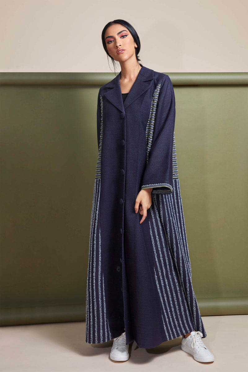 NAVY BLUE FRENCH JACQUARD OPEN ABAYA.