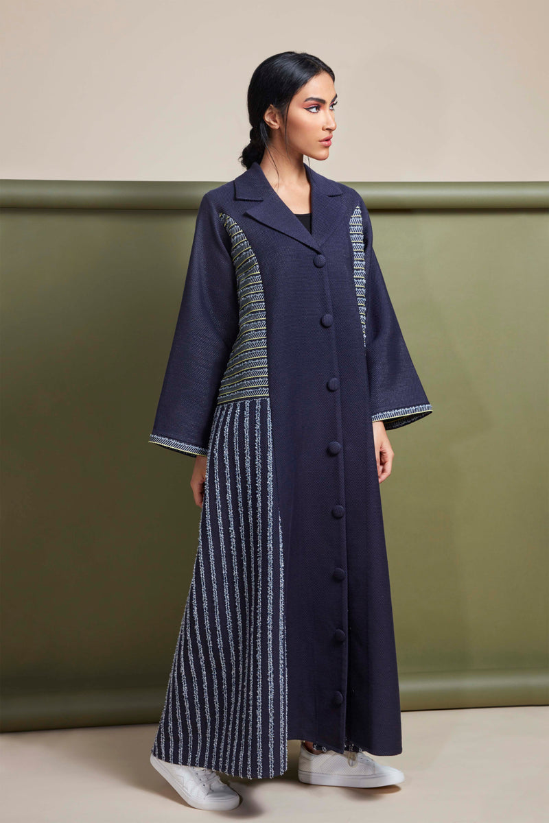 NAVY BLUE FRENCH JACQUARD OPEN ABAYA.