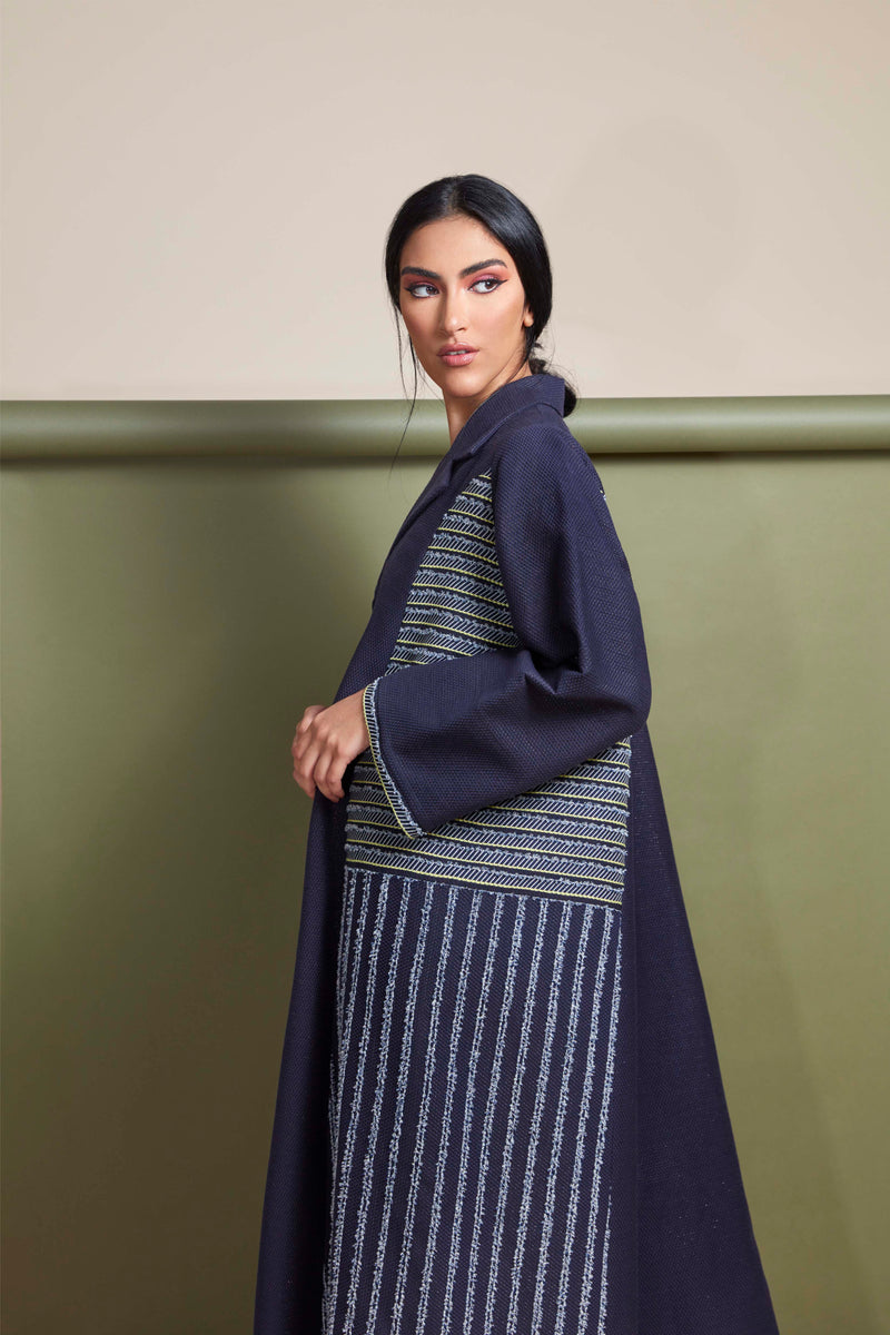 NAVY BLUE FRENCH JACQUARD OPEN ABAYA.