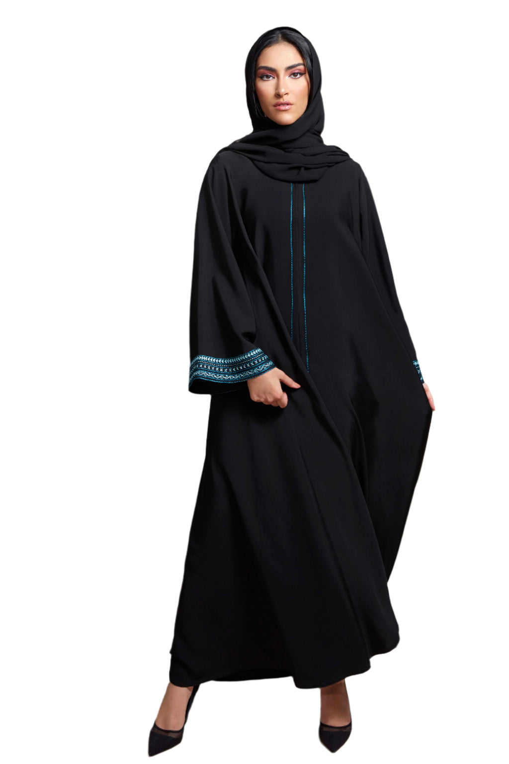 BLACK EMBROIDERED TURQUOISE SALOAN ABAYA.