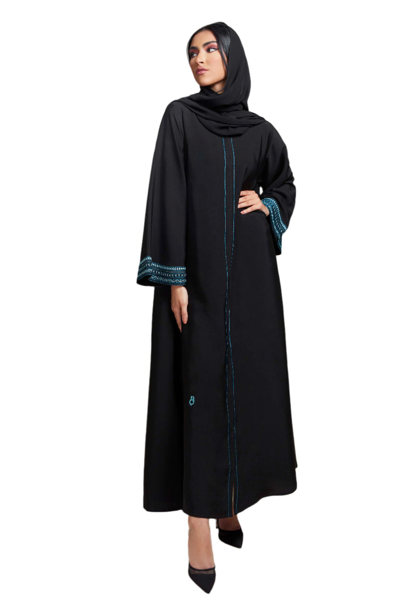 BLACK EMBROIDERED TURQUOISE SALOAN ABAYA.