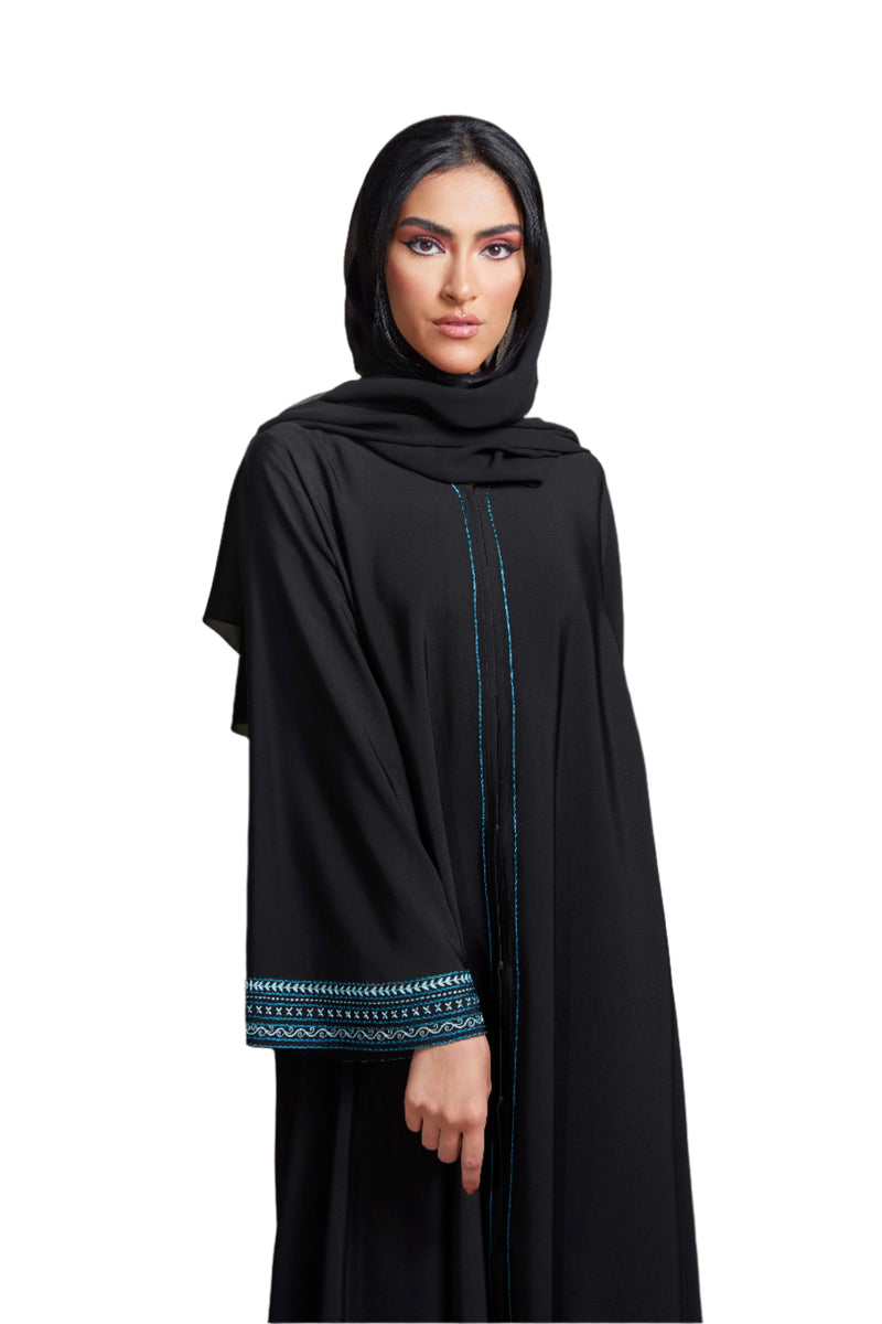 BLACK EMBROIDERED TURQUOISE SALOAN ABAYA.