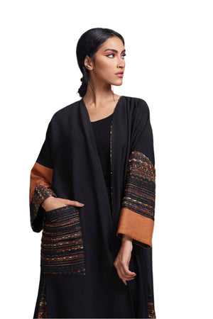 BLACK AZTEC PATTERNED OPEN ABAYA