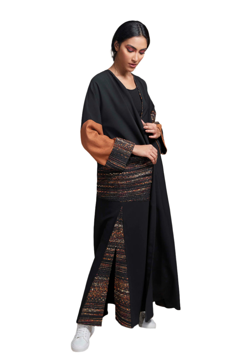 BLACK AZTEC PATTERNED OPEN ABAYA